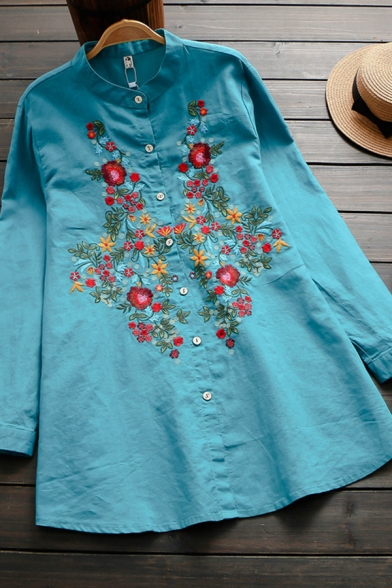 Trendy Women's Shirt Blouse Floral Embroidered Button Fly Round Neck Long Sleeves Relaxed Fit Shirt Blouse