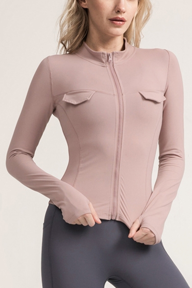 Trendy Women's Training Jacket Solid Color Flap Pocket Zip Placket Long Sleeves Stand Collar Fitted Workout Jacket