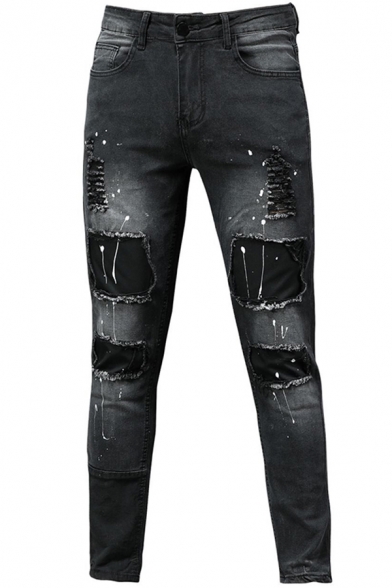 Unique Mens Jeans Patchwork Contrast Panel Distressed Frayed Zip Fly Ankle Length Skinny Jeans