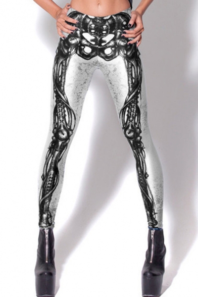 Unique Women's 3D Leggings Space Galaxy Bone Graphic Digital Print Mid Rise Full Length Skinny Leggings