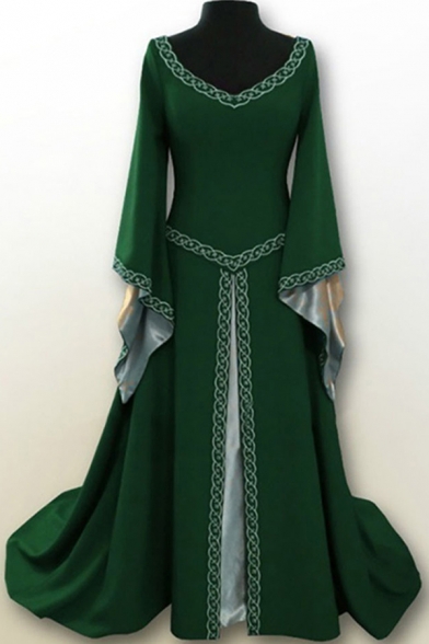 Vintage Girls Dress Printed Bell Long Sleeve V-neck Maxi A-line Dress