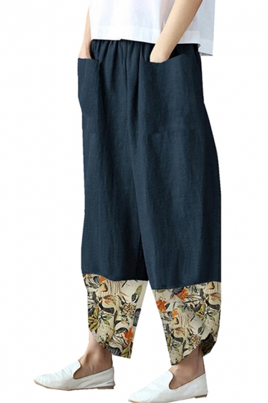 Vintage Ladies Pants Floral Print Linen and Cotton Elastic Waist Ankle Oversize Pants