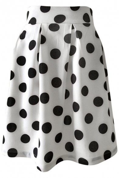 Vintage Unique Polka Dot Printed High Waist White Swing Skirt for Women
