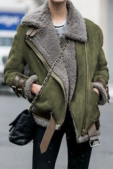 Womens Winter Hot Trendy Notched Lapel Collar Long Sleeve Motor Faux Shearling Jacket