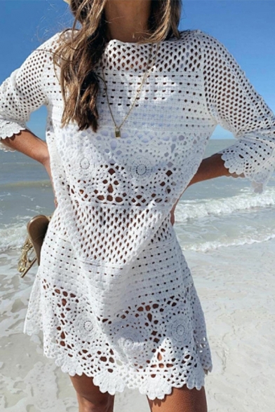 Basic Womens Dress Solid Color Crochet Hollow out Scalloped Trim 3/4 Sleeve Mini Regular Fitted Round Neck Beach Cover up Dress