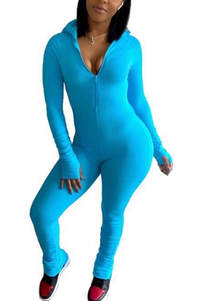 Basic Womens Jumpsuit Solid Color Long Sleeve Stand Collar Zip Up Long Tight Jumpsuit