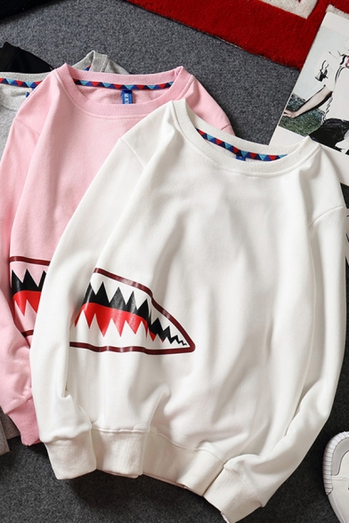 Boys Cool Sweatshirt Cartoon Shark Mouth Print Long Sleeve Crew Neck Loose Fit Pullover Sweatshirt