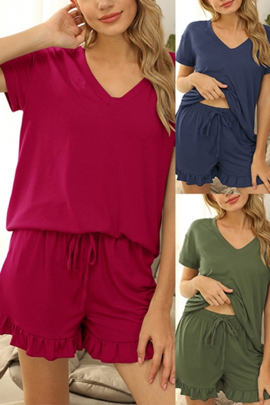 Casual Womens Set Solid Color Short Sleeve V-neck Relaxed Tee Top & Stringy Selvedge Shorts Co-ords