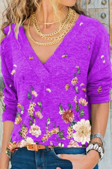 Classic Women's Tee Top Flower Pattern V Neck Long sleeves Regular Fitted T-Shirt