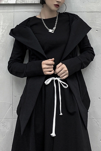 Cool Womens Coat Long Sleeve Hooded Open Front Irregular Hem Loose Fit Coat in Black