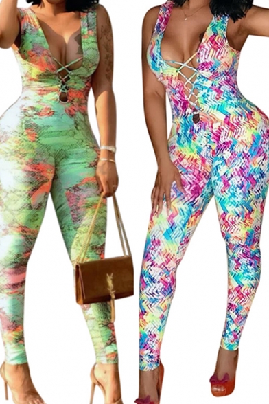 Creative Women's Jumpsuit Graphic Multi Color Pattern Lace up Sleeveless Ankle Length Slim Fitted Jumpsuit