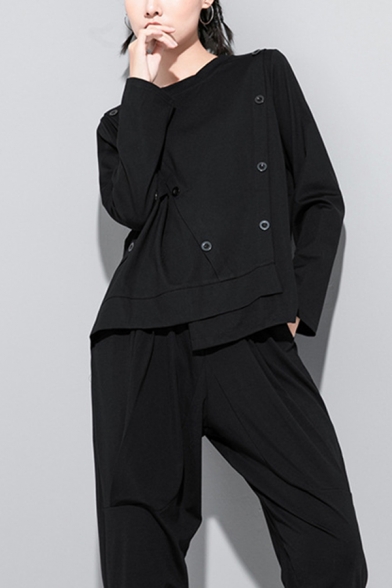 Designer Girls Tee Top Long Sleeve Crew Neck Button Decoration Patched Irregular Hem Loose Tee Top in Black