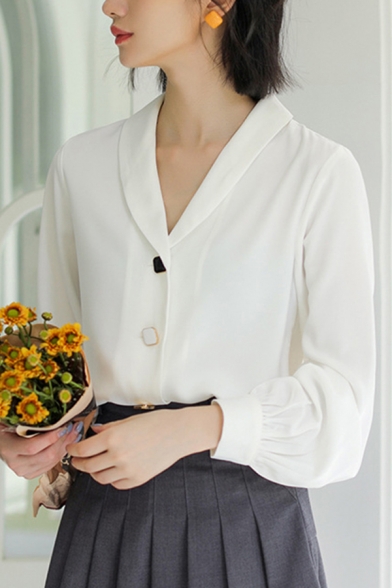 Elegant Girls Shirt White Long Sleeve Shawl Neck Button-up Relaxed Shirt Top