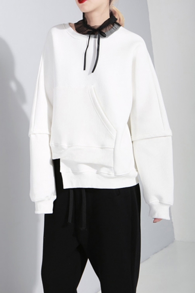 Elegant Women's Sweatshirt Solid Color Front Pocket Round Neck Asymmetrical Hem Long Sleeves Pullover Sweatshirt
