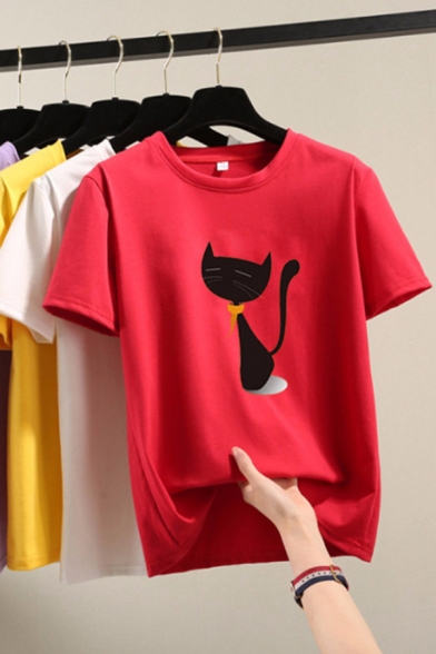 Elegant Women's Tee Top Cartoon Cat Pattern Short-sleeved Regular Fitted T-Shirt T-Shirt