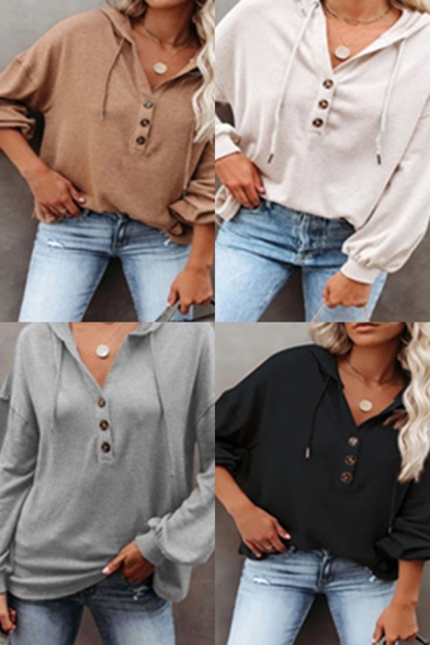 Elegant Womens Tee Top Solid Color Button Detail Drop Shoulder Long Bishop Sleeves Regular Fitted Drawstring Hooded T-Shirt