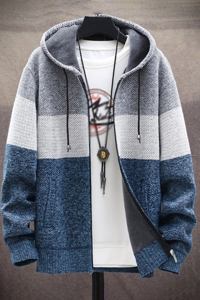 Fancy Men's Cardigan Heathered Contrast Panel Ribbed Trim Side Pocket Long Sleeves Relaxed Fit Drawstring Hooded Sweatshirt