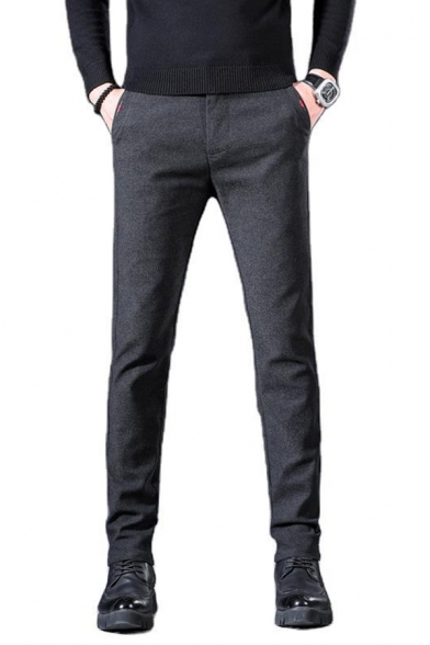 Fancy Men's Pants Solid Color Brushed Inner Zip Fly Pocket Detail Long Straight Pants