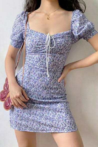 Fancy Women's Bodycon Dress Ditsy Floral Pattern Front Tie Ruched Front Short Puff Sleeves Slim Fitted Short Bodycon