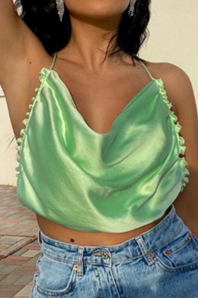 Fancy Women's Tank Top Solid Color Satin Pleated Detail Lettuce Trim Halter Neck Spaghetti Strap Sleeveless Regular Fitted Crop Top