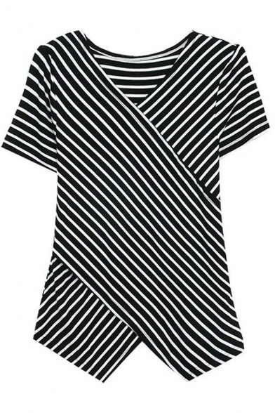 Fancy Women's Tee Top Stripe Pattern Wrap Front V Neck Asymmetrical Hem Short Sleeves Regular Fitted T-Shirt
