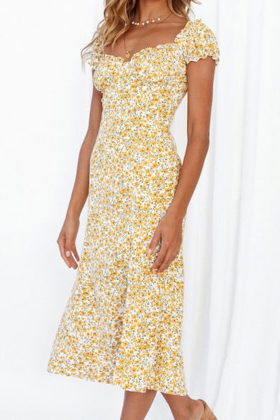 Glamorous Womens Dress Ditsy Floral Print Sweetheart Neck Slit Midi A-line Dress in Yellow