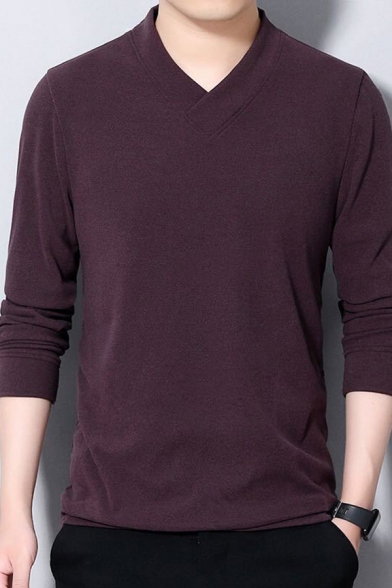 Guys Basic Solid Color Tee Long Sleeve V-neck Regular Fitted Tee Top