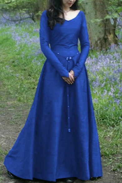 Ladies Medieval Dress Long Sleeve V-neck Tied Waist Plain Maxi A-line Dress