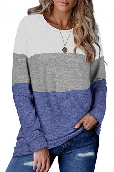 Leisure Womens T Shirt Colorblock Long Sleeve Crew Neck Relaxed Tee Top