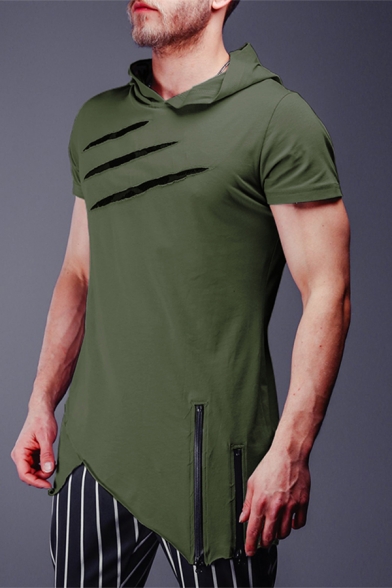 Men's Leisure Plain Short Sleeve Irregular Zipper Scratch Decorated Slim Fit Longline Hoodie