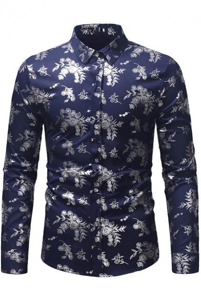 Mens Popular Shirt All Over Floral Print Long Sleeve Turn Down Collar Fitted Shirt Top