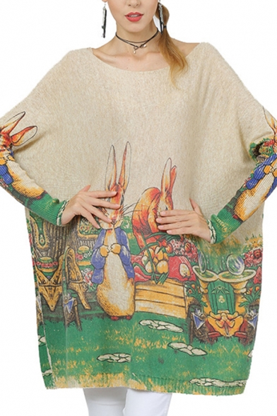 Popular Womens Top Cartoon Rabbit Print Long Sleeve Round Neck Longline Loose Fit Knitted Top