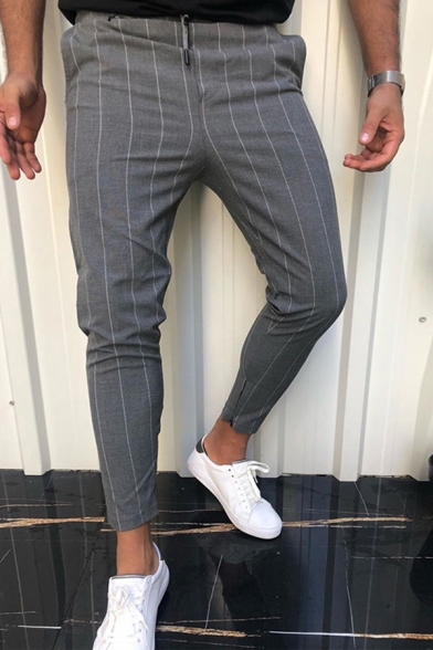 Retro Mens Pants Stripe Pattern Drawstring Waist Ankle Length Skinny Pants