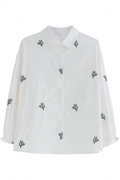 Simple Cactus Embroidered Long Sleeve Lapel Collar White Button Down Shirt