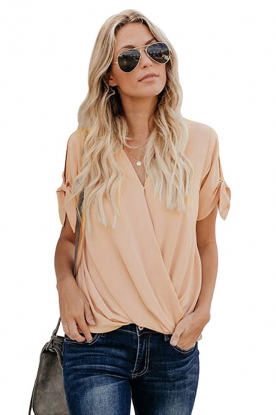 Solid Color Tied Short Sleeve Surplice Neck Loose Fitted Casual Blouse Top for Ladies