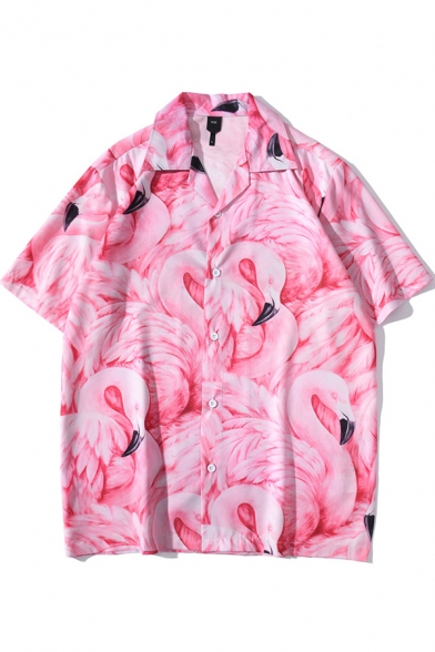 Stylish Men's Shirt All over Flamingo Pattern Button-down Spread Collar Short Sleeves Relaxed Fit Shirt