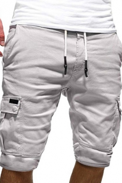 Stylish Mens Cargo Shorts Solid Color Flap Pockets Side Pockets Drawstring Waist Knee Length Shorts