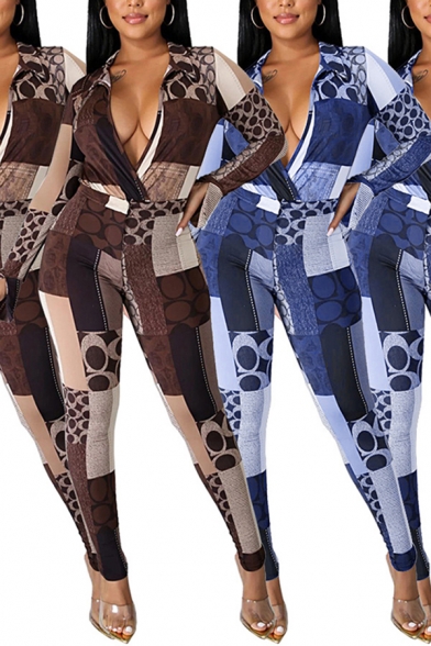 Stylish Womens Set Printed Long Sleeve Deep V-neck Fitted Jacket & Pants Set in Blue