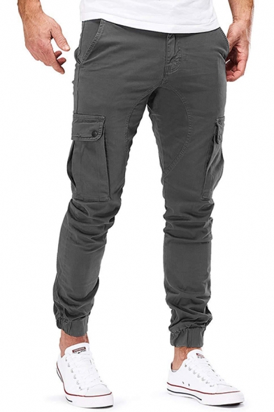 Trendy Men's Pants Solid Color Flap Pocket Banded Cuffs Ankle Length Regular Fitted Pants