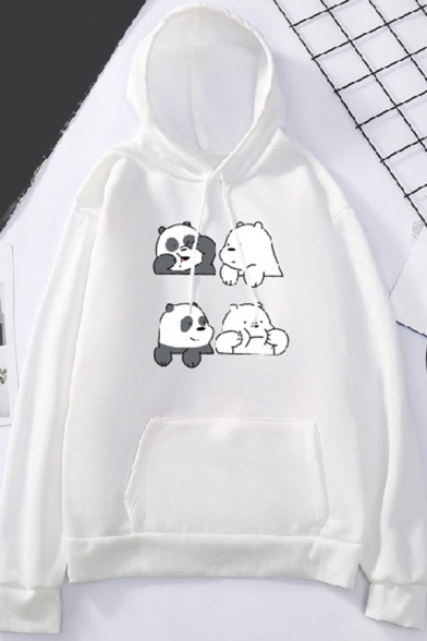 Trendy Women's Hoodie Panda Bear Print Front Pocket Long Sleeves Regular Fitted Drawstring Hooded Sweatshirt