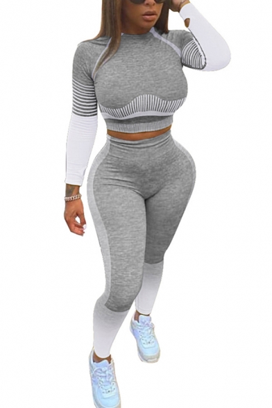 Trendy Women's Set Contrast Panel Mock Neck Long Sleeves Slim Fitted Tee Top with High Rise Ankle Length Stacked Pants Co-ords