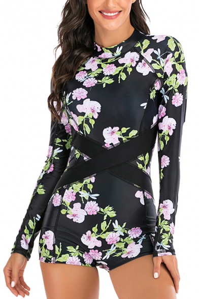 Trendy Womens Bodysuit Floral Pattern Round Neck Contrast Criss Cross Panel Zip Detail Long-sleeved Raglan Bodysuit