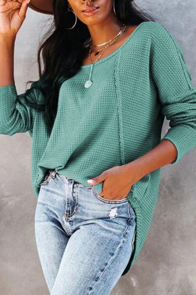 Trendy Womens T Shirt Solid Color Long Sleeve Round Neck Loose Fit Waffle Tee Top