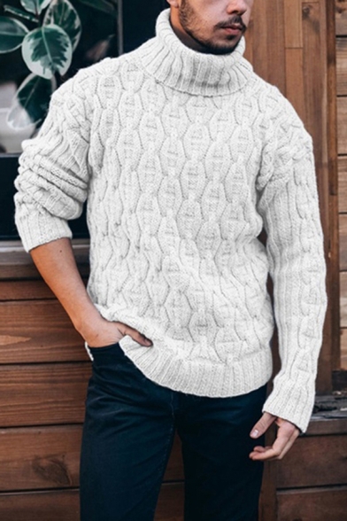 Unique Mens Sweater Solid Color Cable Knit Contrast Trim Turtle Neck Long Sleeves Regular Fitted Knitted Sweater