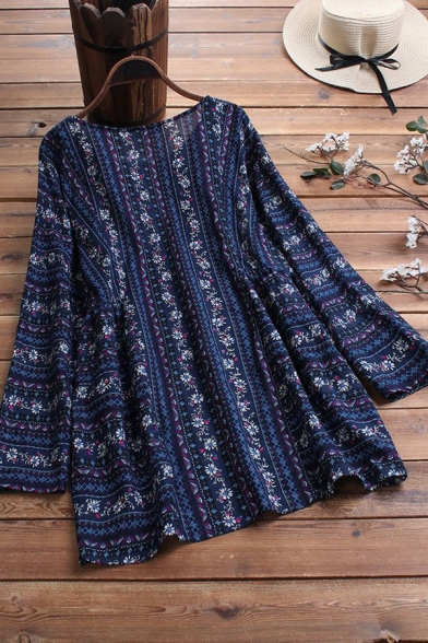 Vintage Women's Blouse Tribal Printed Round Neck Long-sleeved Relaxed Fit Pleated Pullover Blouse