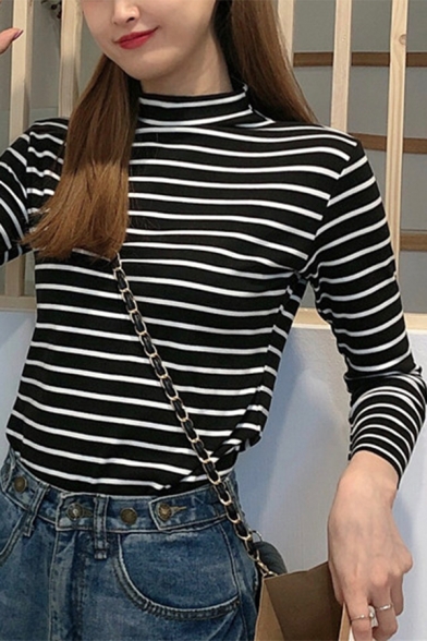 Womens Casual Stripes Long Sleeve Round Neck Button Down Back Asymmetric T-Shirt Top