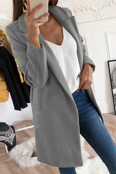 Womens Classic Fashion Plain Grey Notched Lapel Collar Warm Wool Overcoat