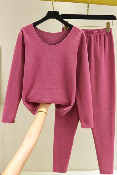 Basic Women's Co-ords Solid Color Round Neck Raw Hem Long Sleeves Regular Fitted Tee Top with Elastic Waist Long Pants Warmth Bottoming Set