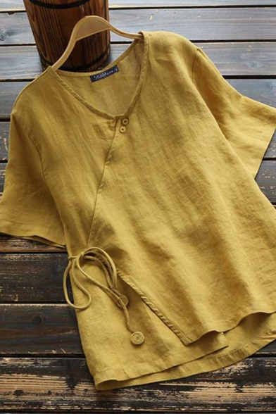 Casual Women's Blouse Plain Drawstring Wrap Side Round Neck Short Sleeves Relaxed Fit Pullover Blouse Shirt