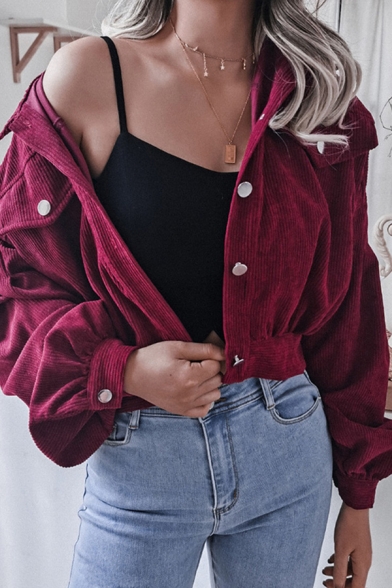 Cool Girls Plain Jacket Corduroy Blouson Sleeve Spread Collar Button Up Relaxed Crop Jacket